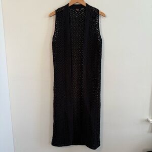 Black Long Sleeveless Crochet Vest, Size S